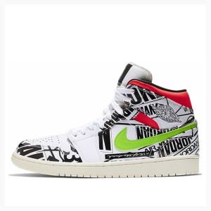 Air Jordan 1 Nike Medio All-Over Logos Tênis de Basquete Masculino Pretas Branco Vermelhas Verdes | JD-613HW